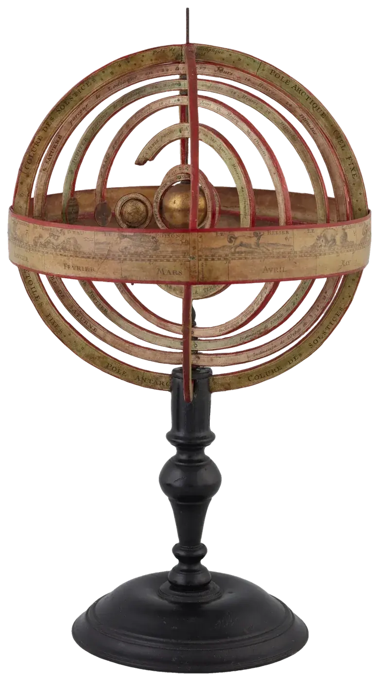 Antique armillary sphere of brass rings on a turned stand