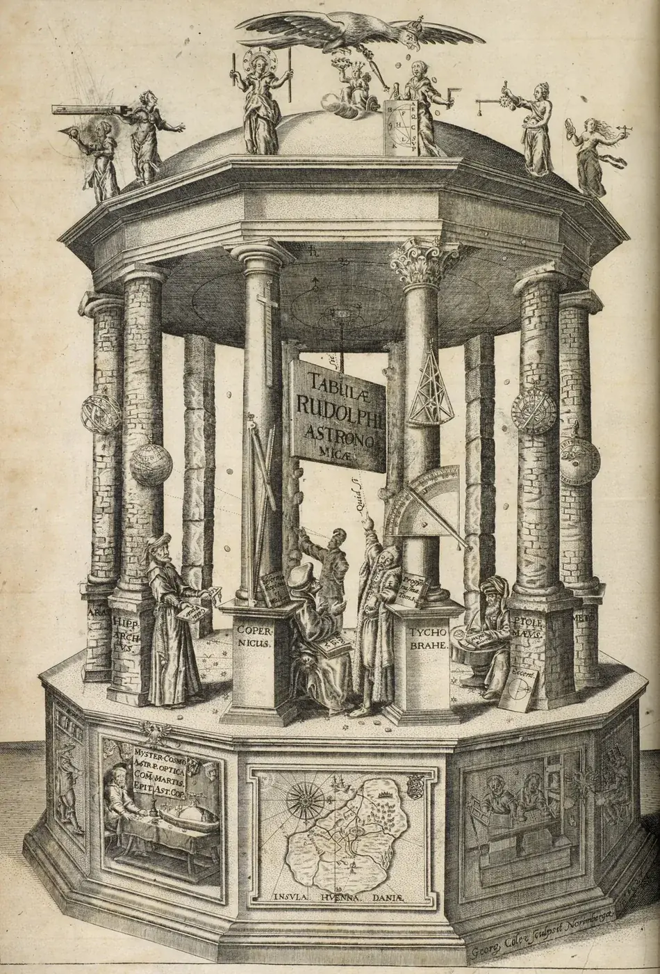 Engraved frontispiece of Kepler’s Rudolphine Tables, a temple of astronomy