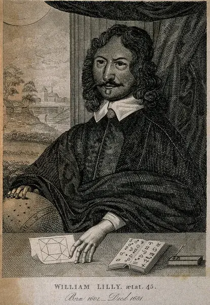 Engraved portrait of the astrologer William Lilly, his hand on a horary chart