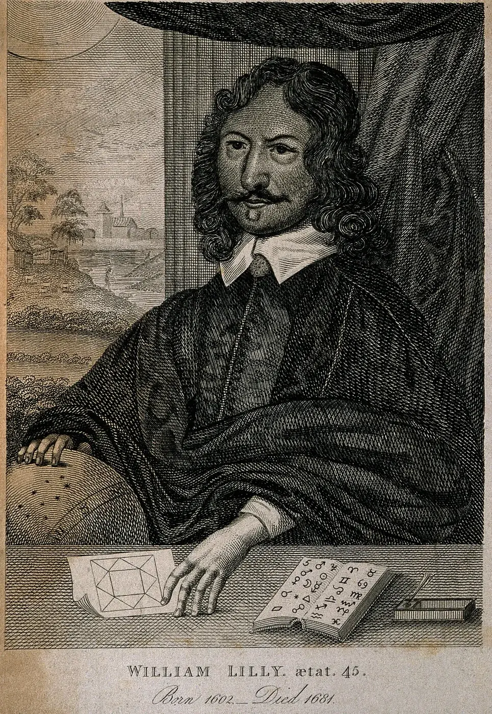 Engraved portrait of the astrologer William Lilly, his hand on a horary chart