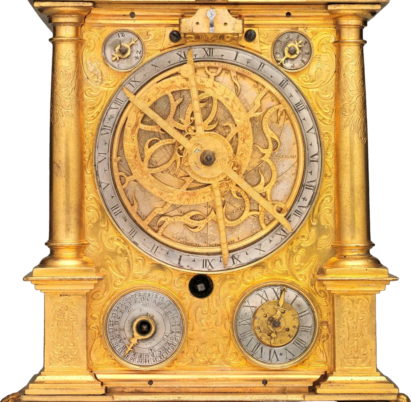 Gilt astronomical table clock with an astrolabe dial