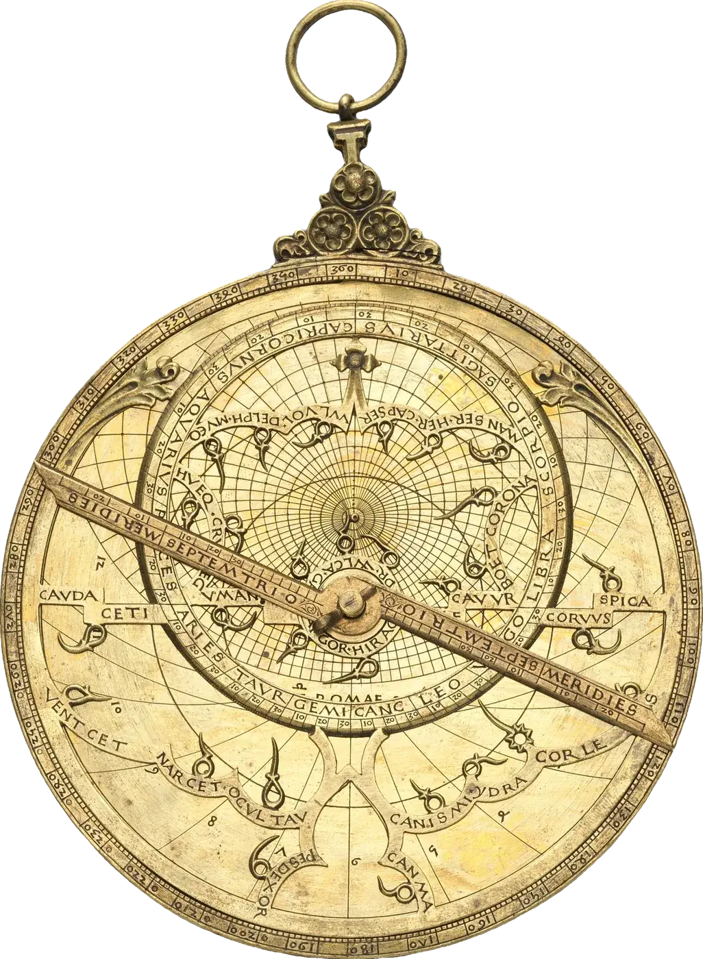 Gilt brass astrolabe from 1462 with its star map rete