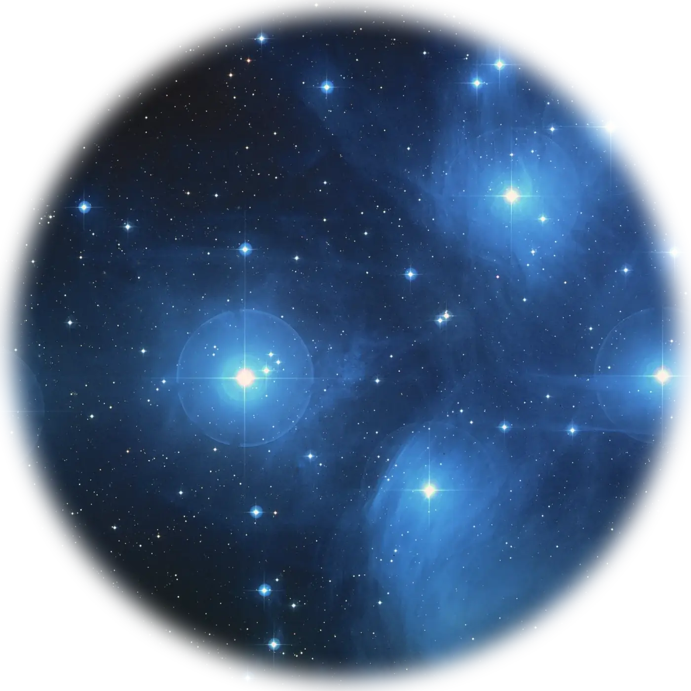 The Pleiades star cluster in blue nebulosity