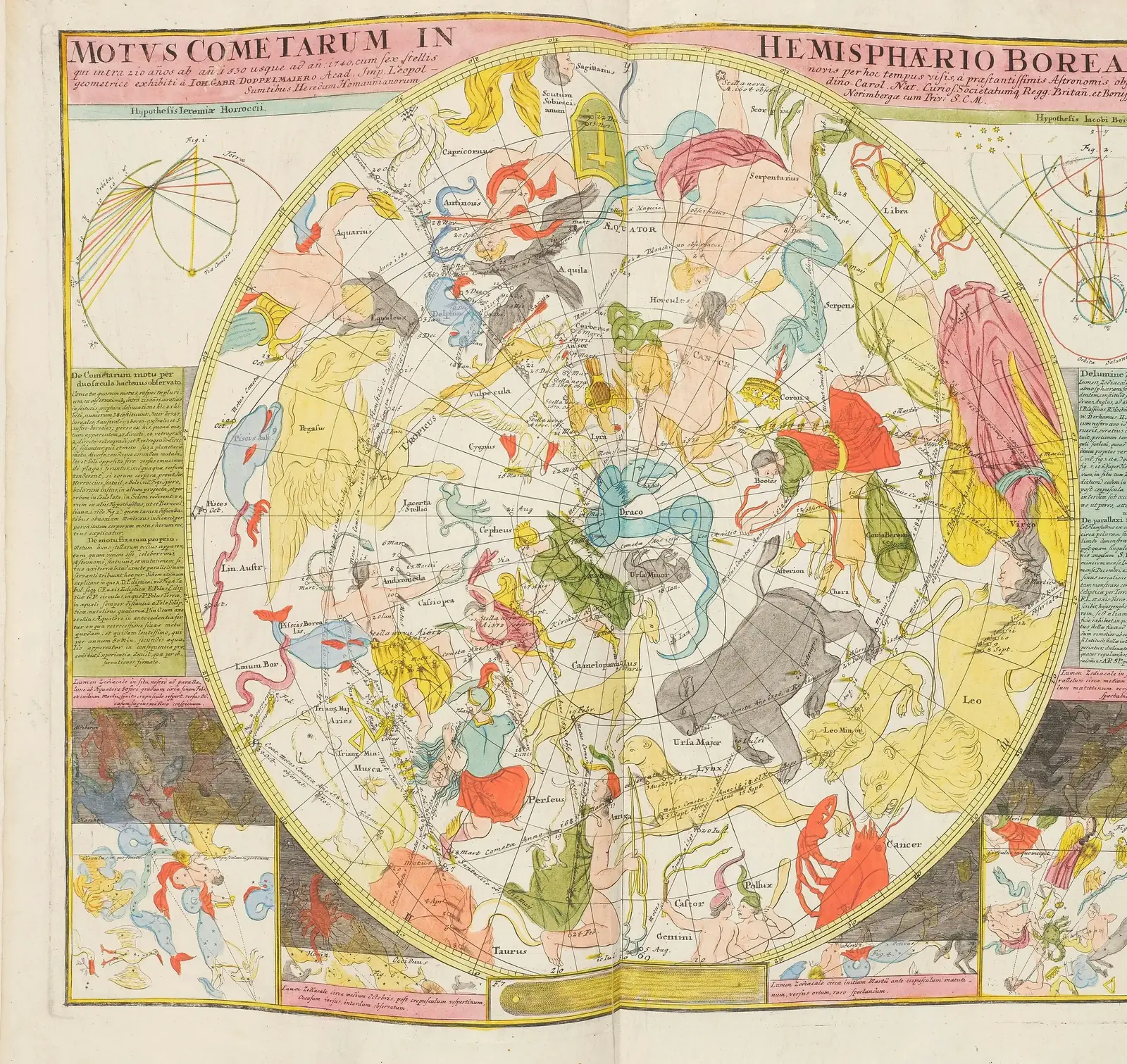 Johann Gabriel Doppelmayr's hand-coloured 1742 celestial plate Motus Cometarum in Hemisphaerio Boreali, showing comet tracks across the northern constellations