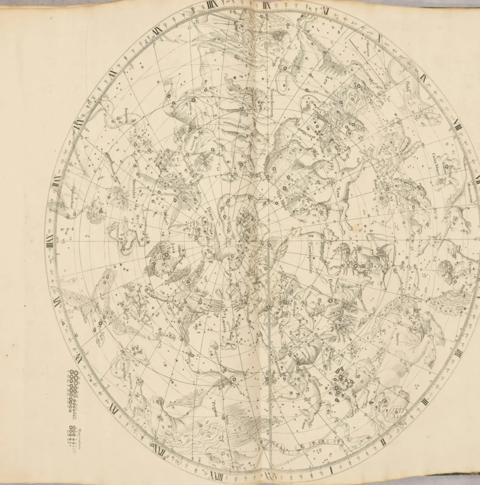 John Flamsteed's 1729 planisphere of the northern sky, the constellations engraved in fine line on cream paper