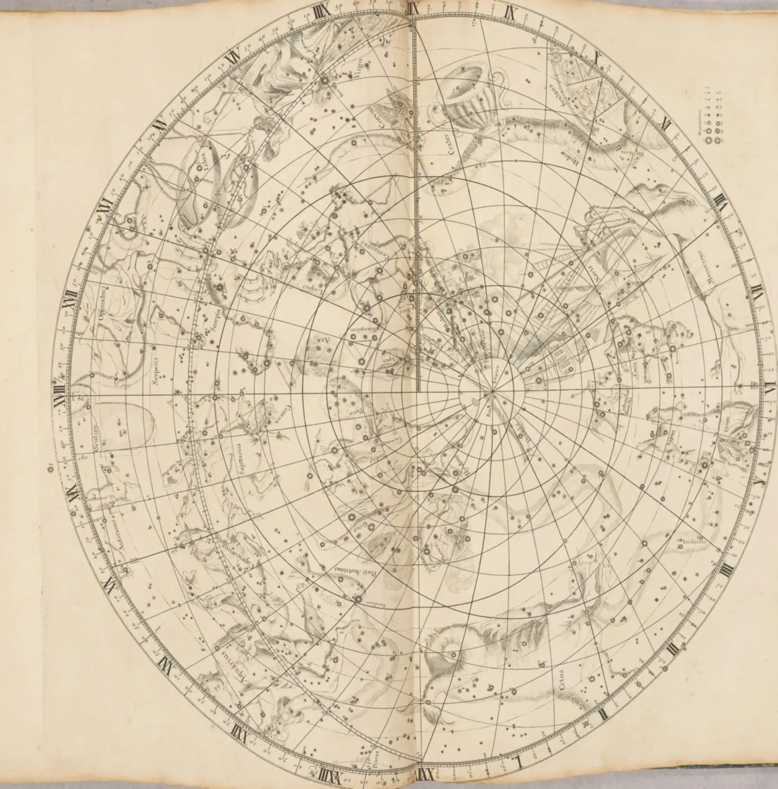 John Flamsteed's 1729 planisphere of the southern sky, engraved in fine line on cream paper