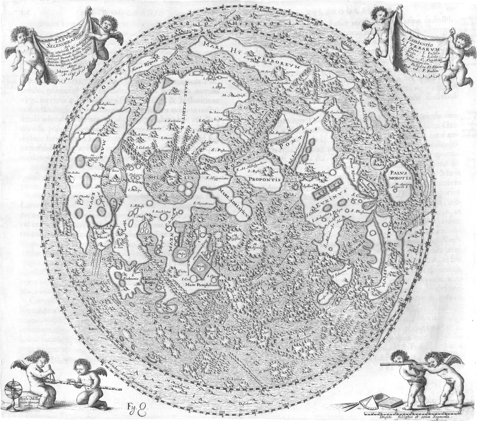 Johannes Hevelius's 1647 engraved map of the full Moon from Selenographia, its seas and craters named