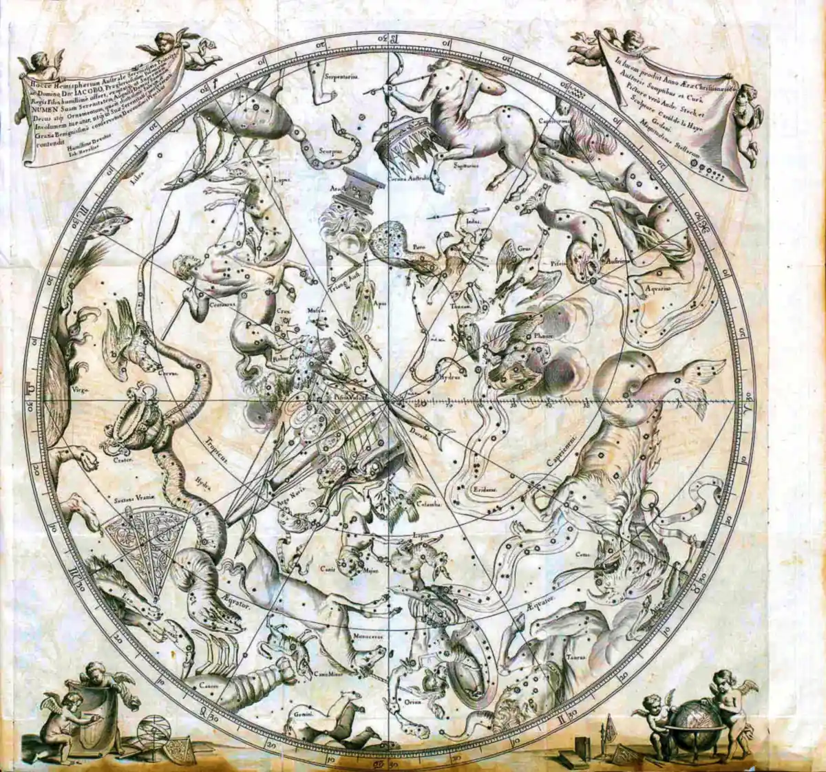 Johannes Hevelius's 1690 engraved map of the southern celestial hemisphere, its constellation figures held up by cherubs