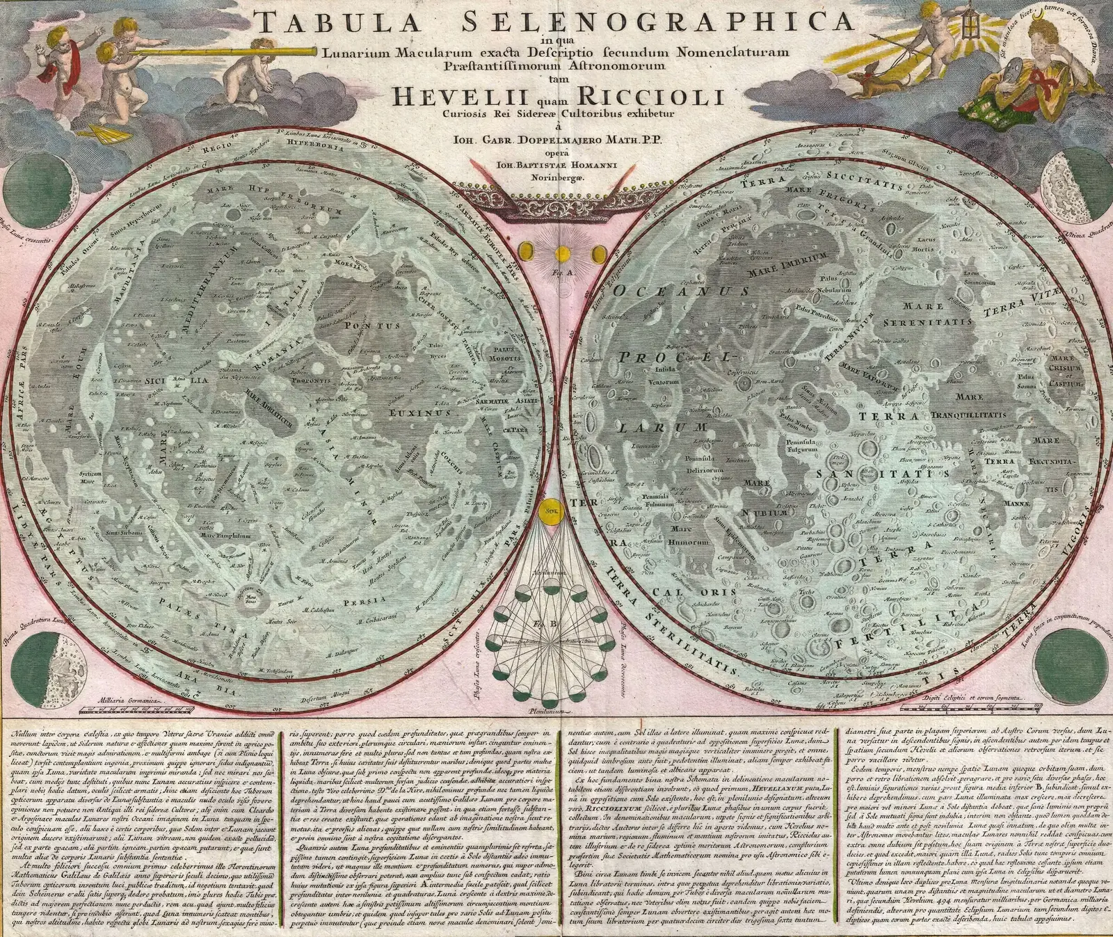 Homann and Doppelmayr's hand-coloured Tabula Selenographica, two maps of the Moon's near side