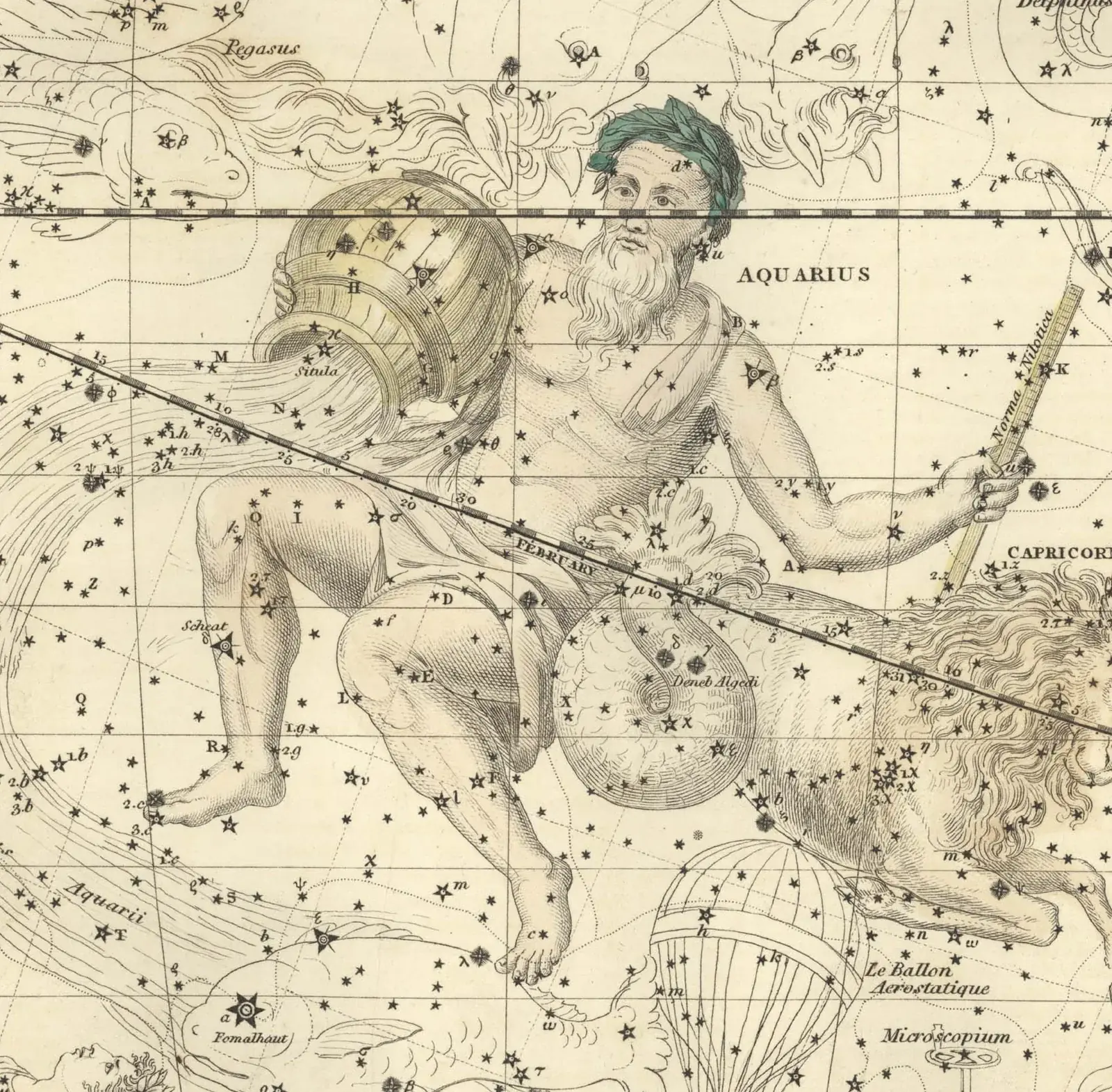 Alexander Jamieson's 1822 hand-coloured star map of Aquarius, the constellation drawn as the water-bearer pouring from an urn over a grid of stars