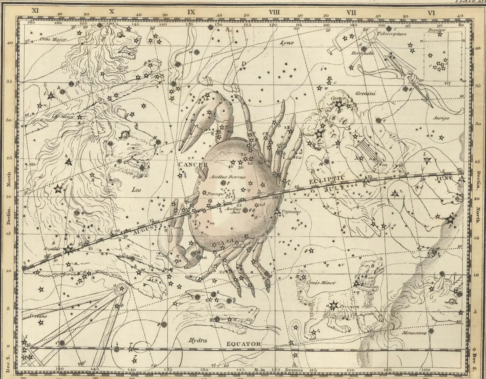 Alexander Jamieson's 1822 hand-coloured star map of Cancer, the constellation drawn as a crab over a grid of stars