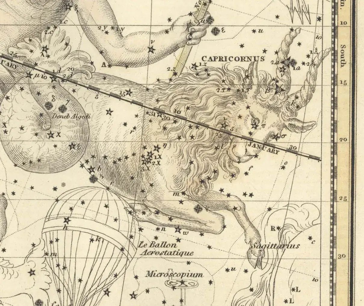 Alexander Jamieson's 1822 hand-coloured star map of Capricornus, the constellation drawn as a sea-goat over a grid of stars