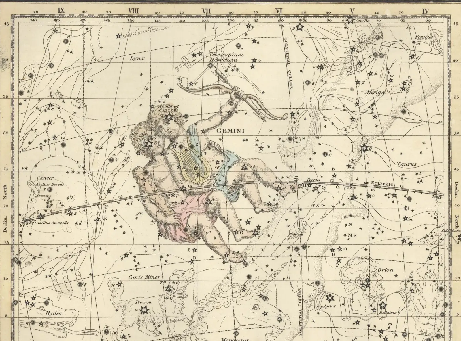 Alexander Jamieson's 1822 hand-coloured star map of Gemini, the constellation drawn as the twins Castor and Pollux over a grid of stars