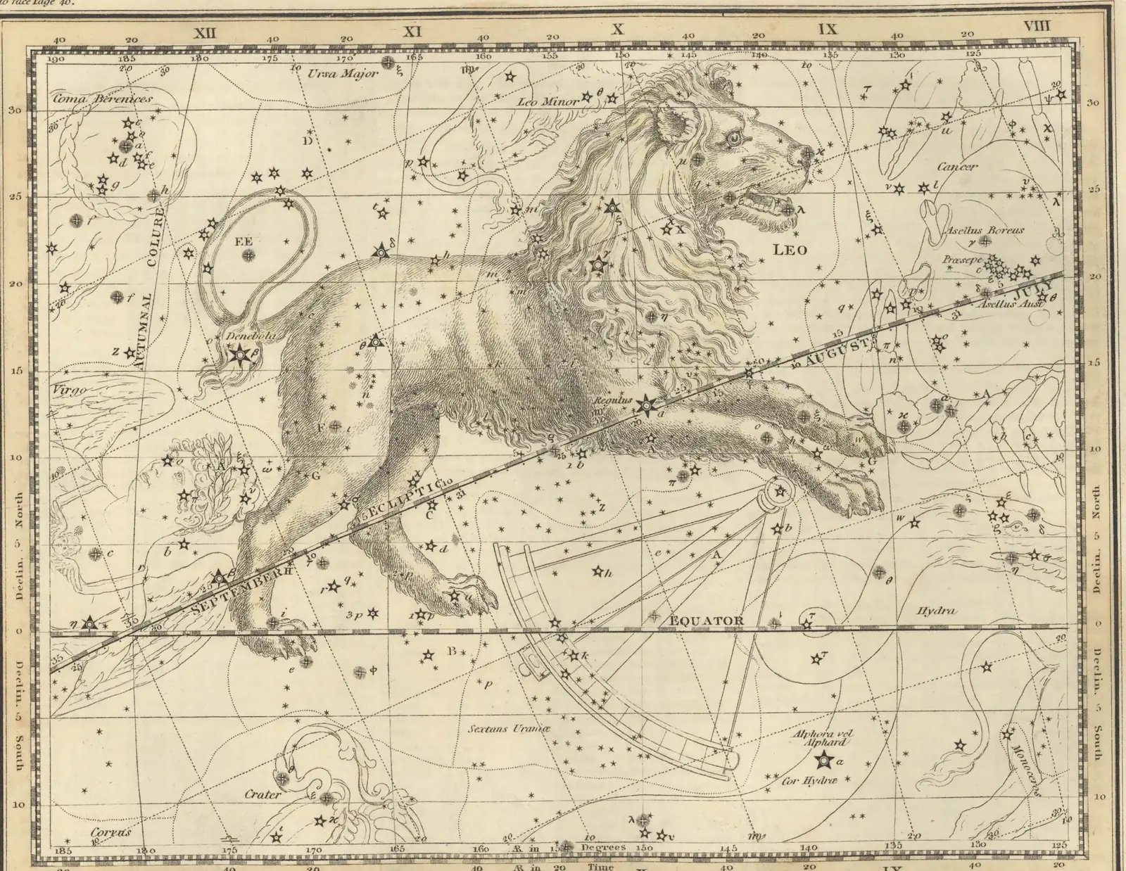 Alexander Jamieson's 1822 hand-coloured star map of Leo, the constellation drawn as a striding lion over a grid of stars