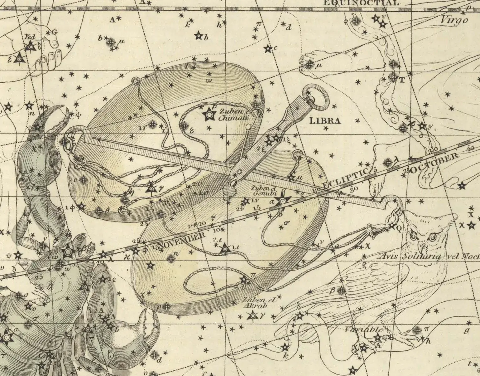Alexander Jamieson's 1822 hand-coloured star map of Libra, the constellation drawn as a pair of balance scales over a grid of stars