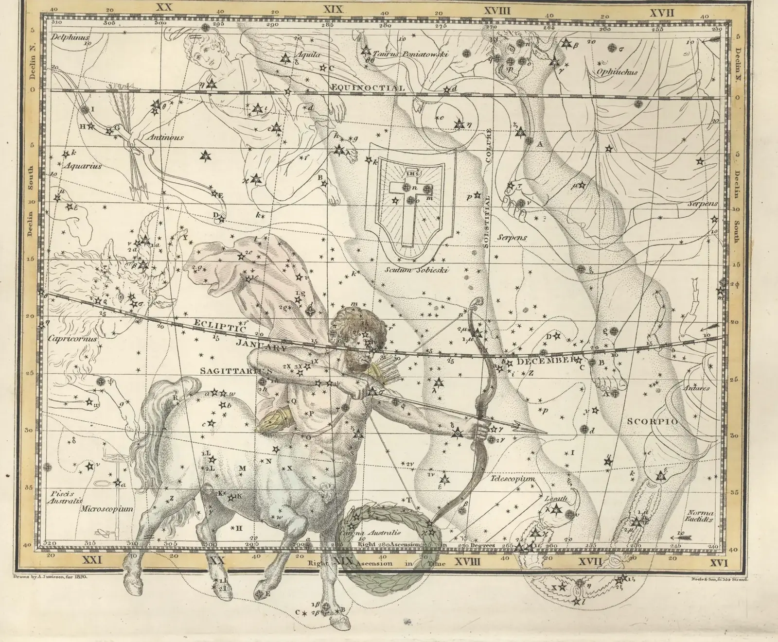 Alexander Jamieson's 1822 hand-coloured star map of Sagittarius, the constellation drawn as a centaur drawing a bow over a grid of stars