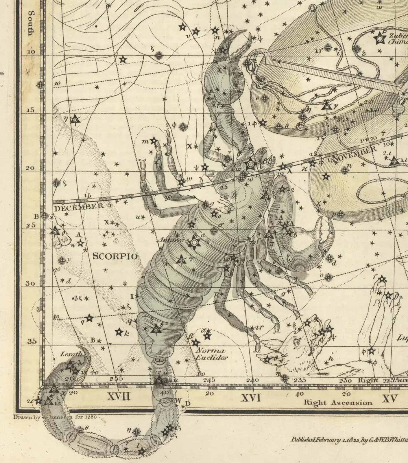 Alexander Jamieson's 1822 hand-coloured star map of Scorpius, the constellation drawn as a scorpion over a grid of stars