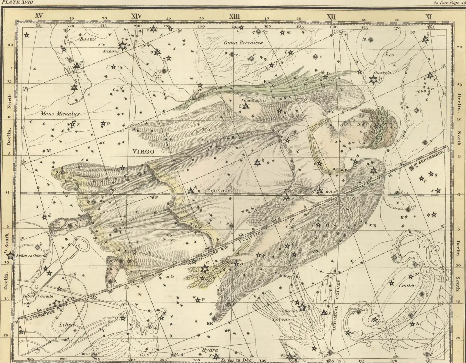 Alexander Jamieson's 1822 hand-coloured star map of Virgo, the constellation drawn as a winged maiden holding an ear of wheat over a grid of stars