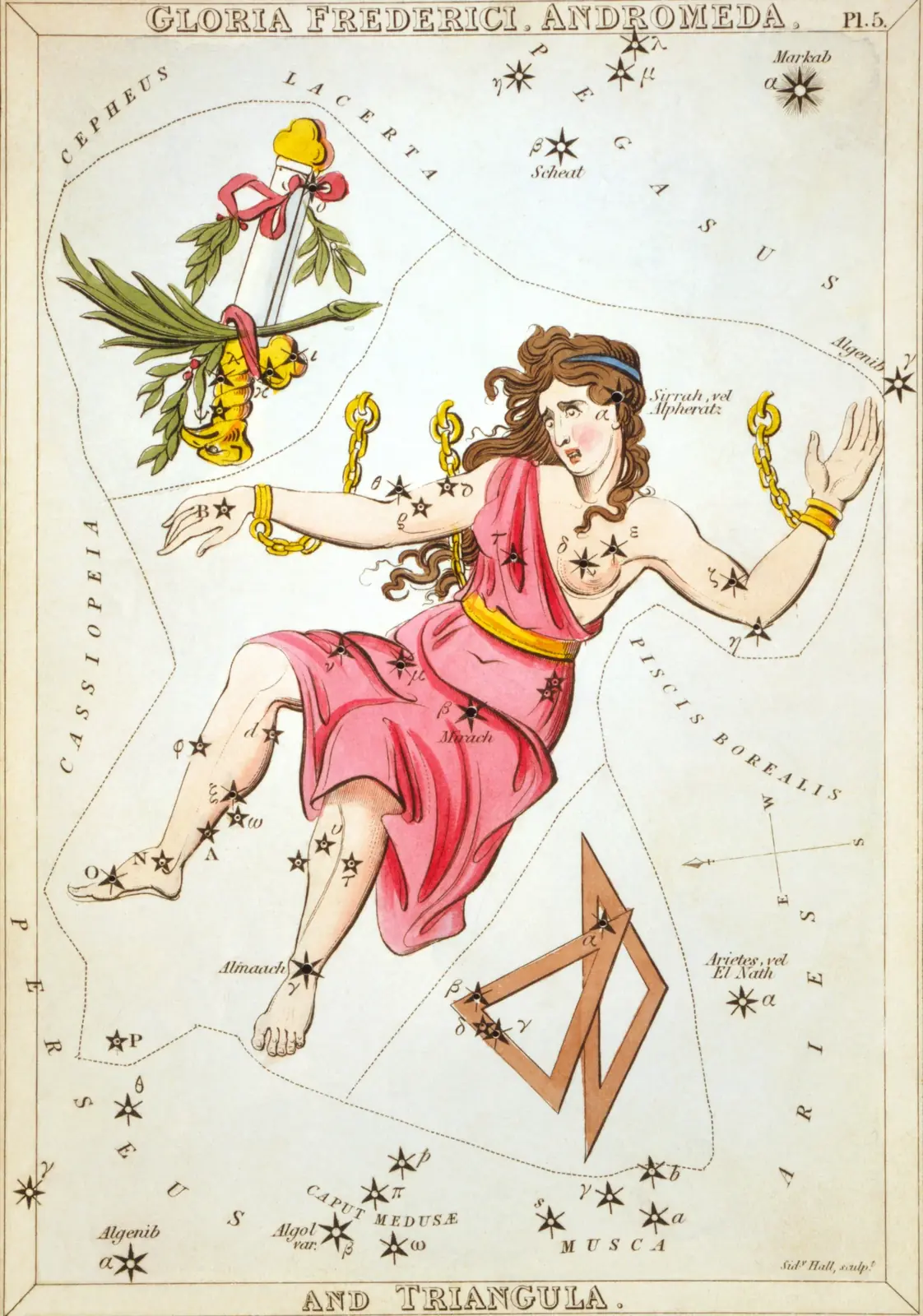Hand-coloured 1824 star-chart card of Andromeda from Urania's Mirror, drawn as the chained princess Andromeda beside Triangulum and Gloria Frederici