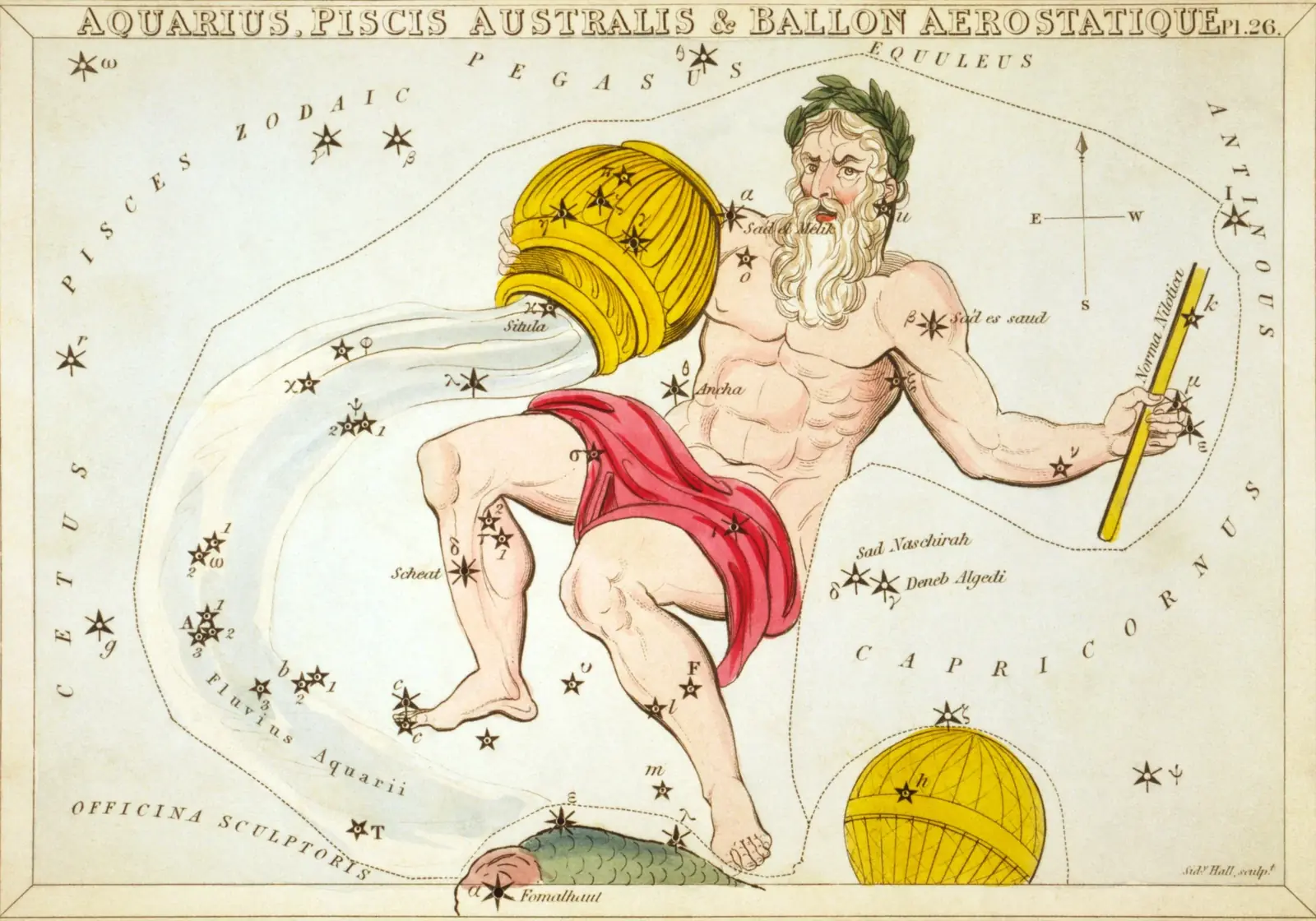 Hand-coloured 1824 star-chart card of Aquarius from Urania's Mirror, the constellation drawn as the water-bearer pouring from an urn with its stars pierced through the card