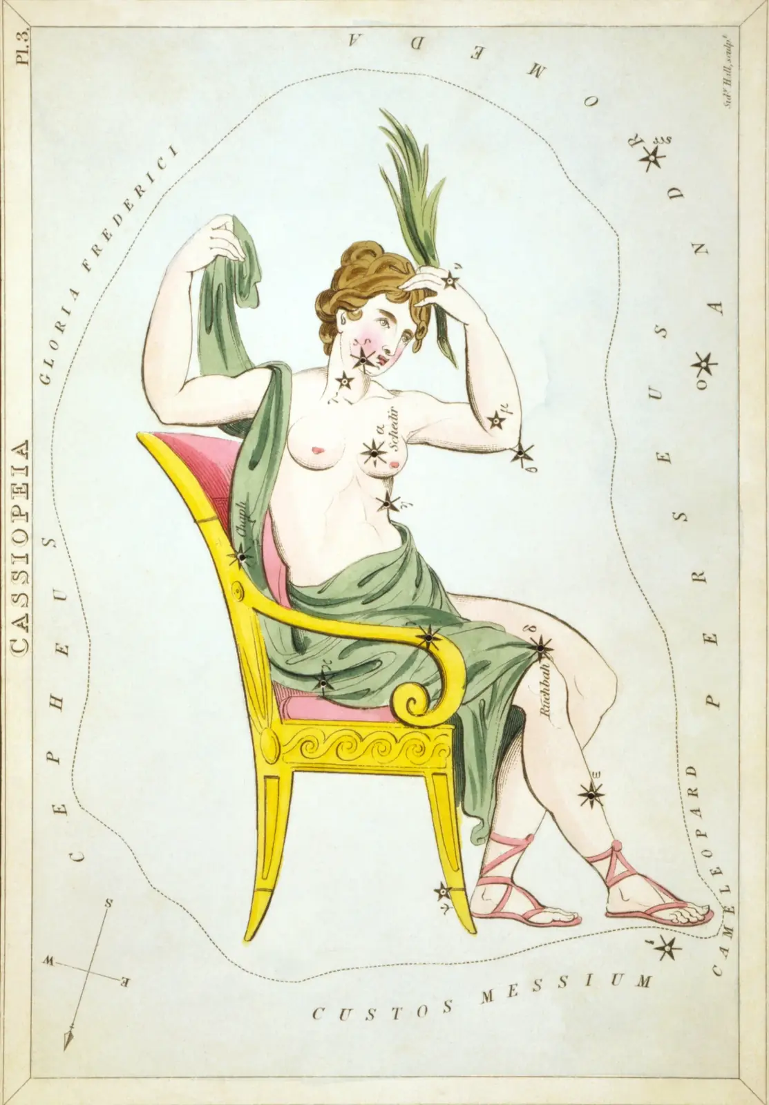Hand-coloured 1824 star-chart card of Cassiopeia from Urania's Mirror, drawn as the queen Cassiopeia seated on her throne