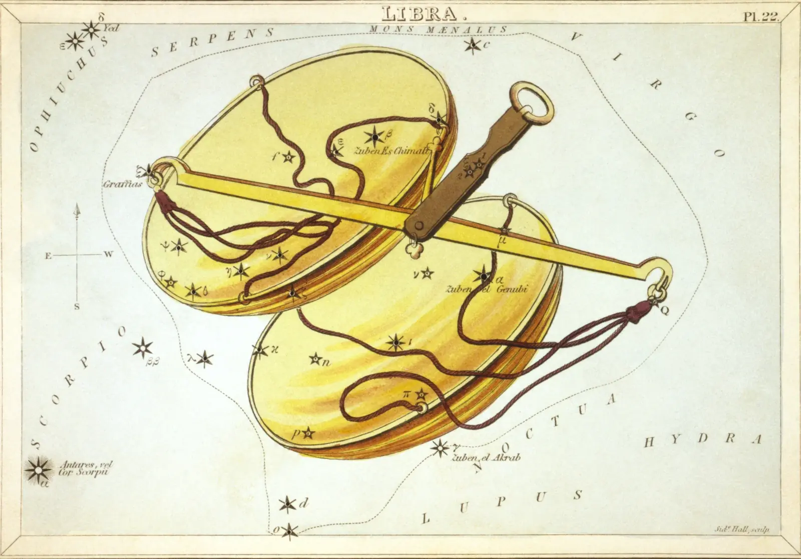 Hand-coloured 1824 star-chart card of Libra from Urania's Mirror, the constellation drawn as a pair of balance scales with its stars pierced through the card