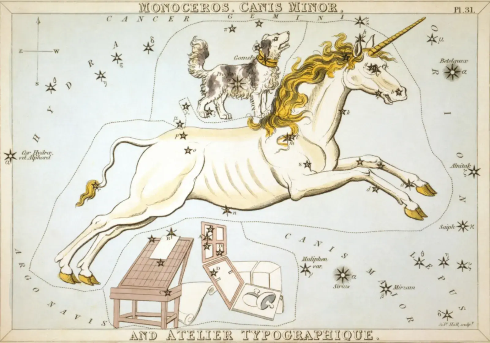Hand-coloured 1824 star-chart card of Monoceros and Canis Minor from Urania's Mirror, drawn as a leaping unicorn and the little dog