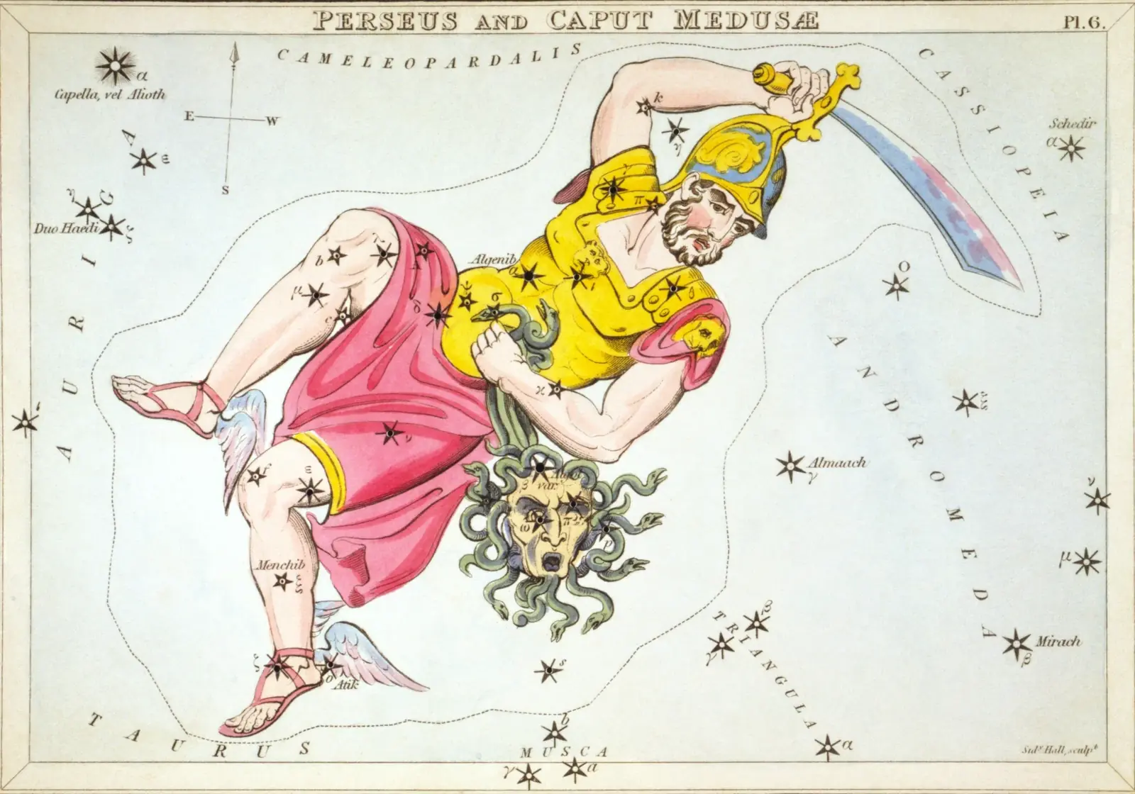 Hand-coloured 1824 star-chart card of Perseus from Urania's Mirror, drawn as the hero Perseus holding the head of Medusa