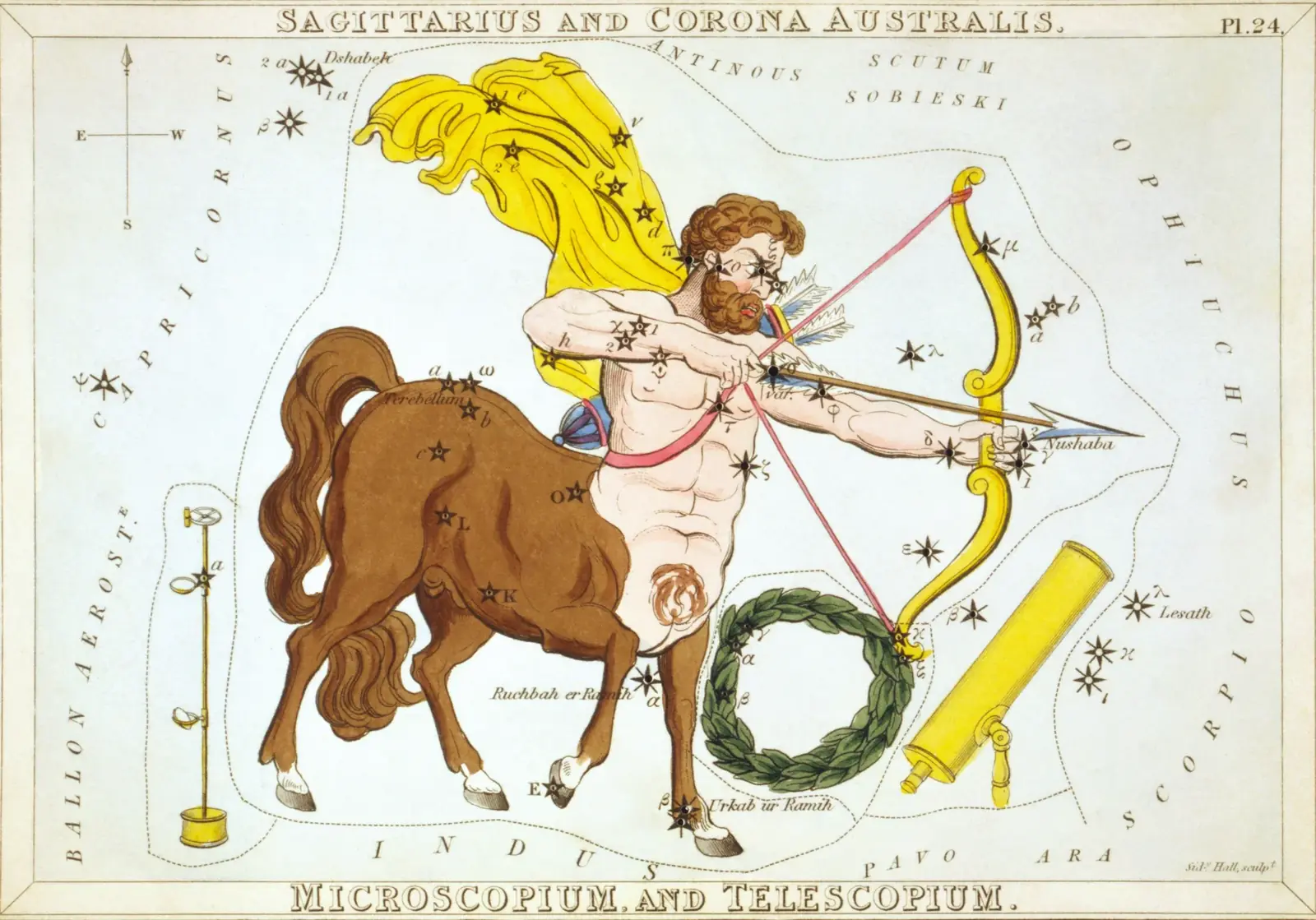 Hand-coloured 1824 star-chart card of Sagittarius from Urania's Mirror, the constellation drawn as a centaur drawing a bow with its stars pierced through the card