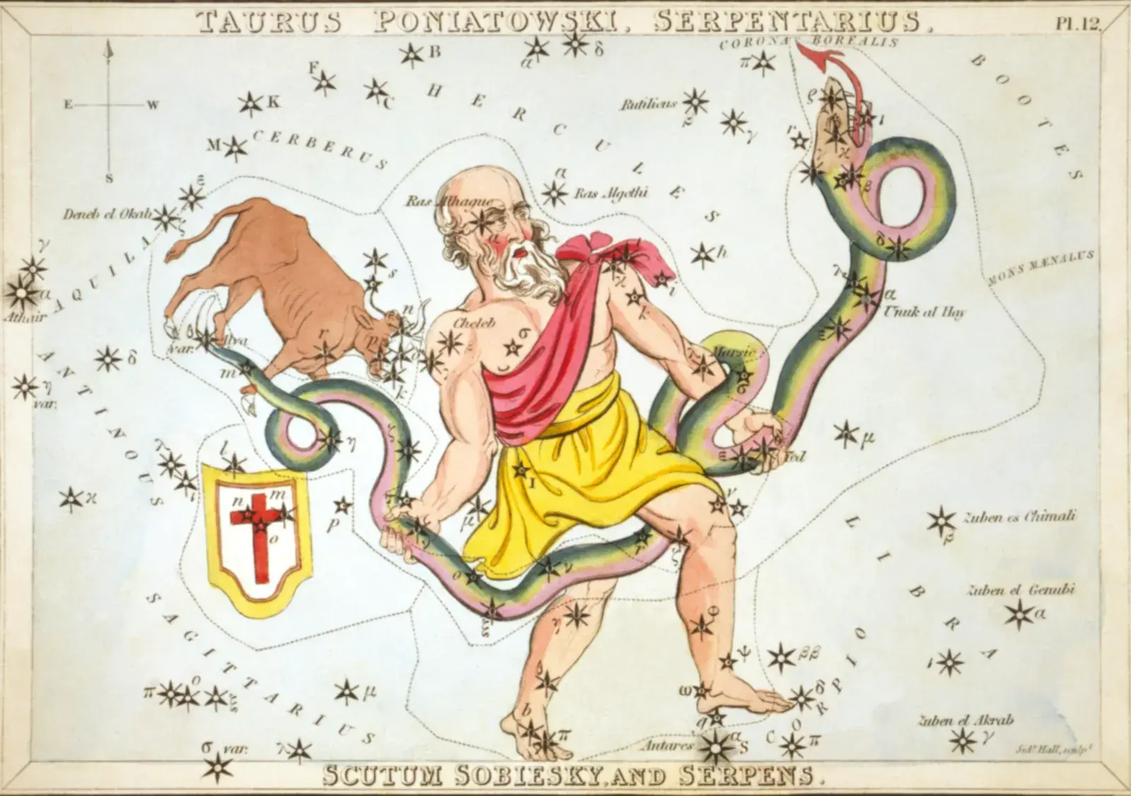 Hand-coloured 1824 star-chart card of Serpentarius and Serpens from Urania's Mirror, drawn as Ophiuchus the serpent-bearer wrestling a snake