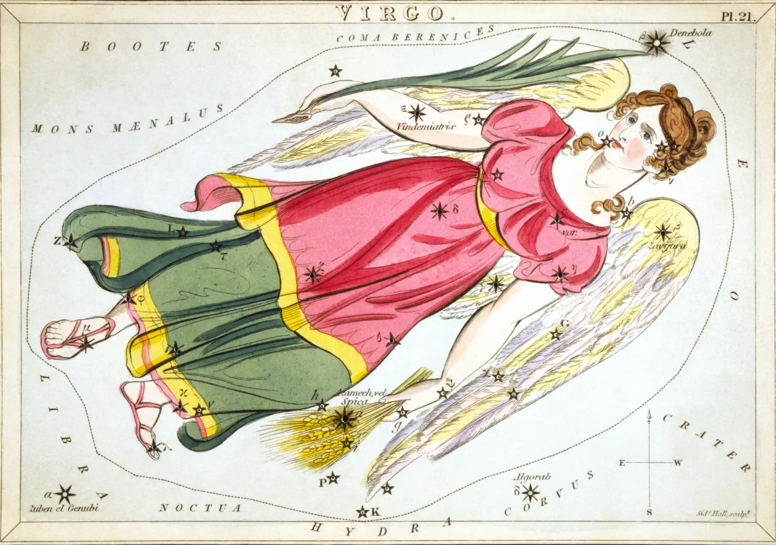Hand-coloured 1824 star-chart card of Virgo from Urania's Mirror, the constellation drawn as a winged maiden holding an ear of wheat with its stars pierced through the card