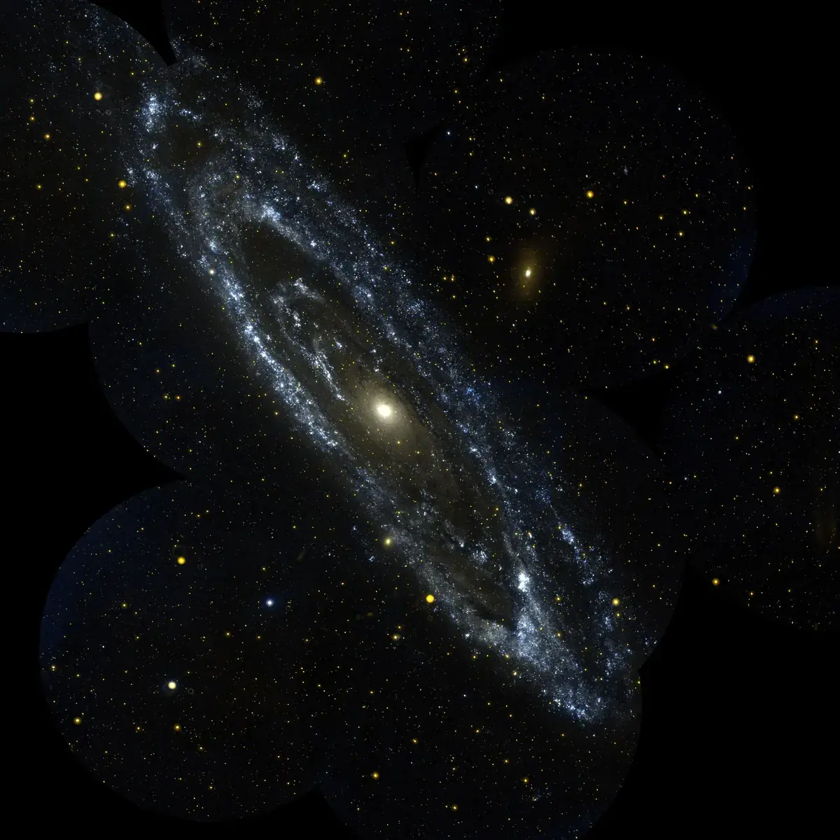 GALEX ultraviolet image of the Andromeda Galaxy, its spiral arms glowing blue