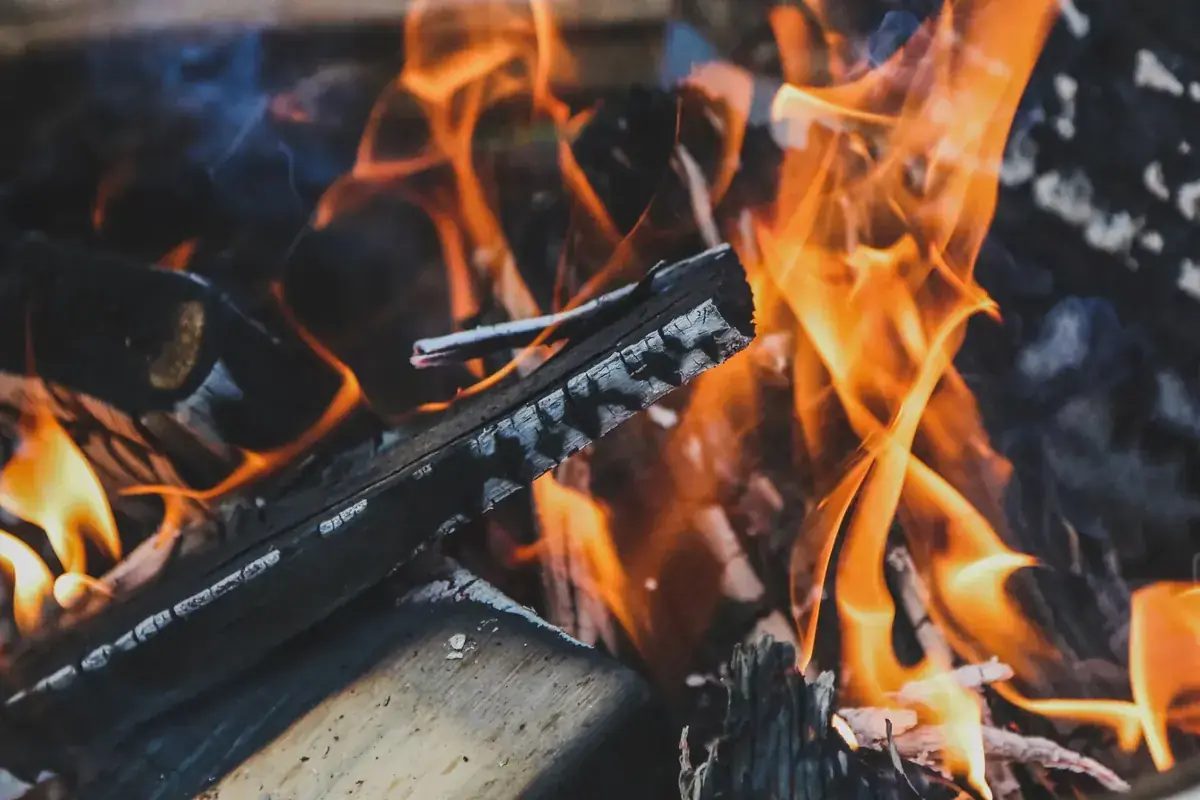 Close-up of logs burning hard in a bright orange campfire (Aries with Aries compatibility)