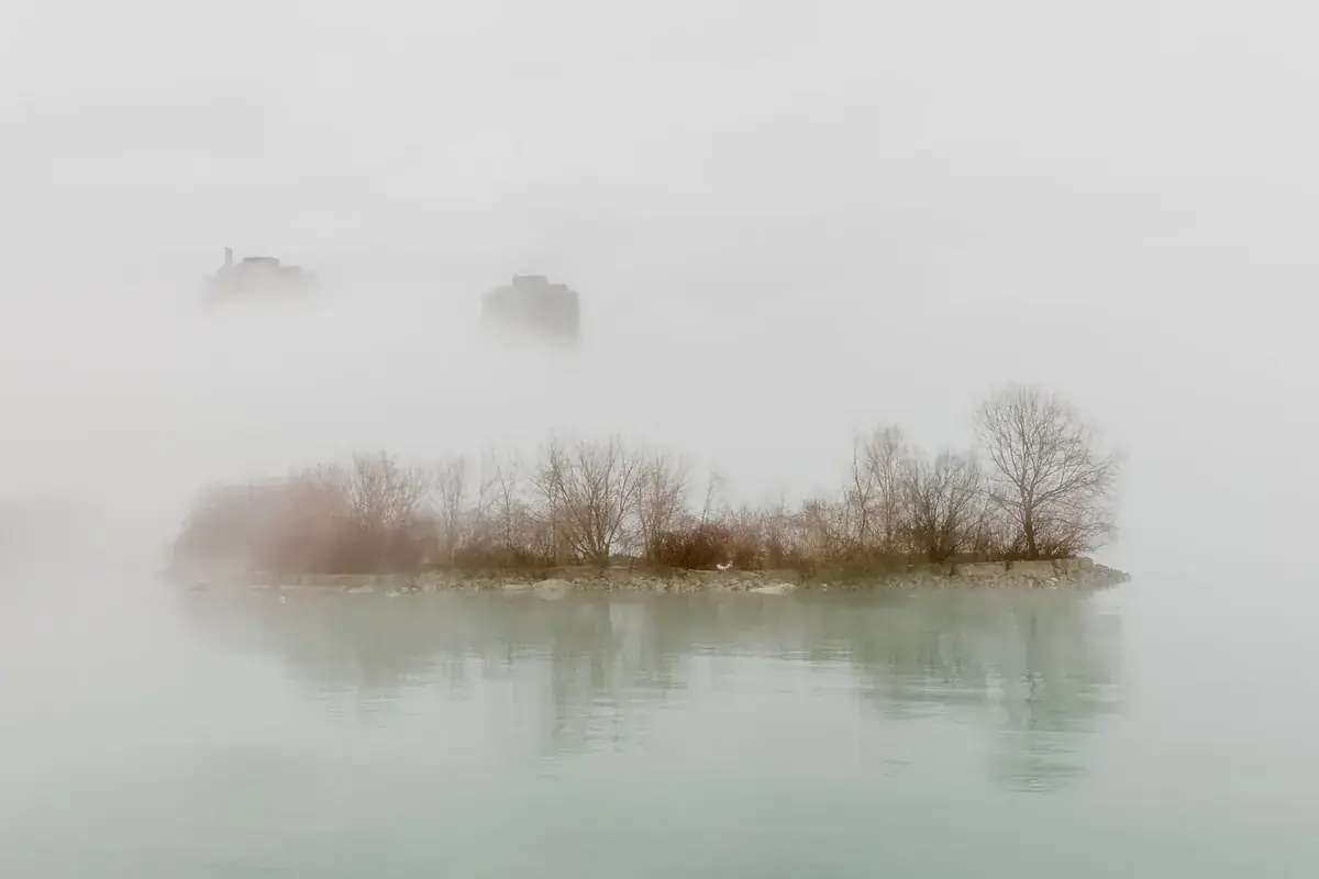 A small wooded island seems to float in fog over a still lake (Pisces with Pisces compatibility)