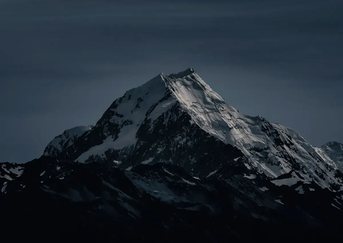 A snow-capped peak rises dark and sharp against a deep evening sky (Scorpio and Capricorn compatibility)