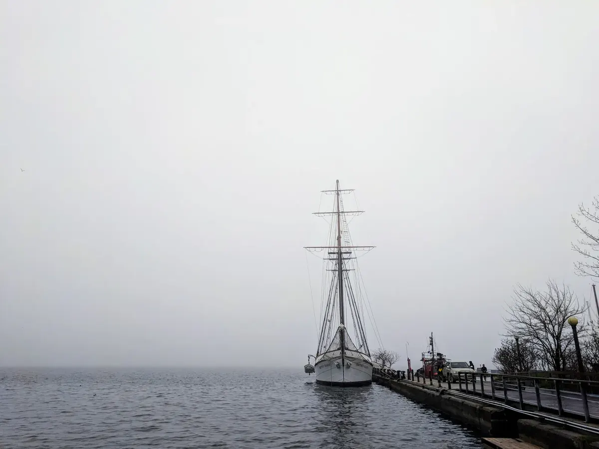 A tall ship with bare masts sits moored in thick sea fog (Capricorn and Pisces compatibility)