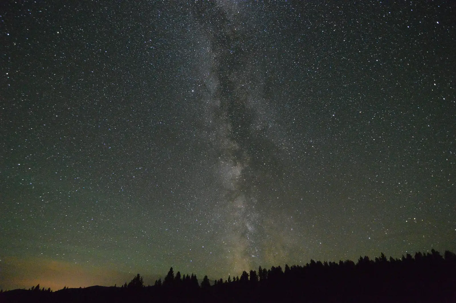 The Milky Way rising over a prairie edged with forest