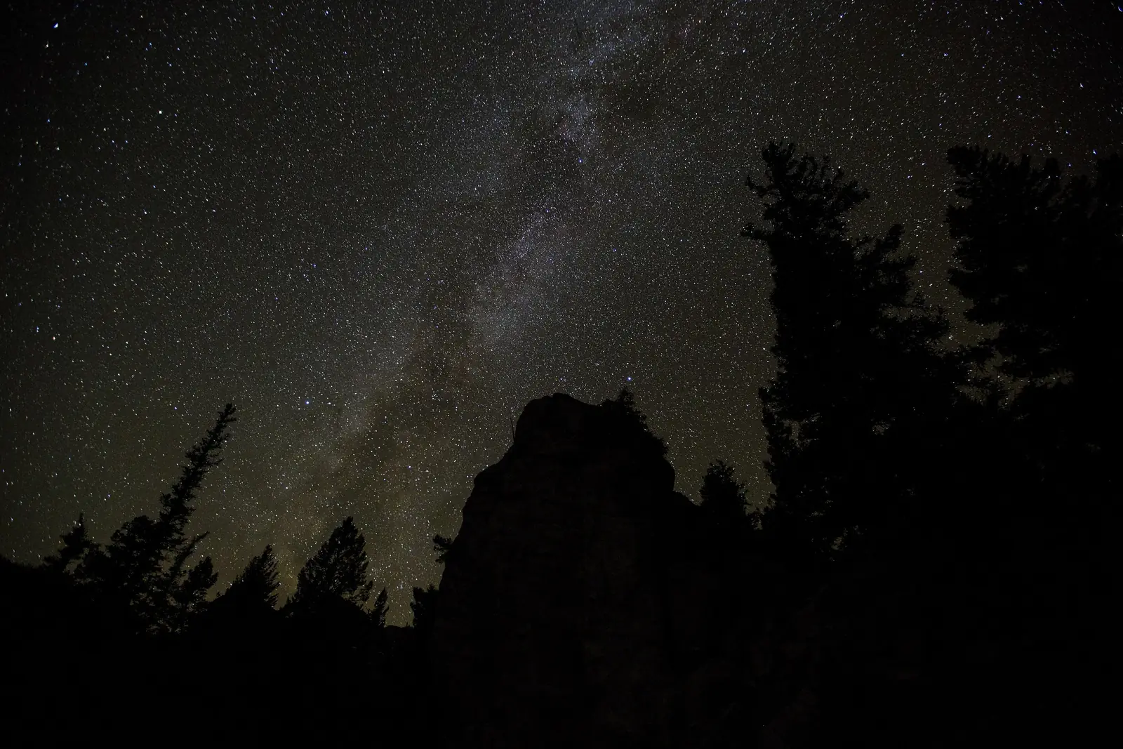 The Milky Way over a dark ridge of rock hoodoos and pines
